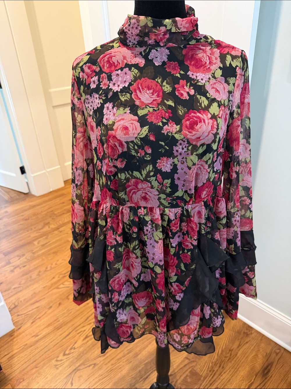Free People Black Floral Mock Neck Ruffle Long-bell Sleeve Dress